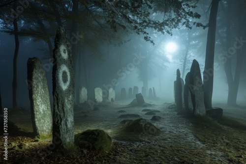 Deep within a forgotten forest, shrouded in mist, an ancient stone circle stands illuminated by the full moon.