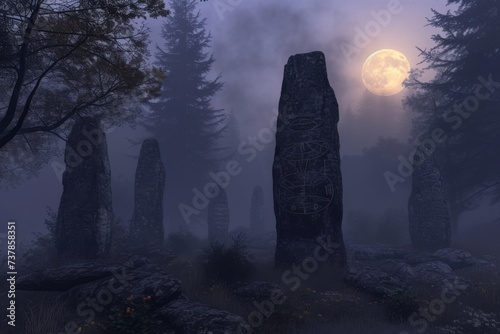 Deep within a forgotten forest, shrouded in mist, an ancient stone circle stands illuminated by the full moon.