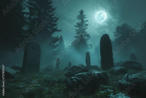 Deep within a forgotten forest, shrouded in mist, an ancient stone circle stands illuminated by the full moon. photo