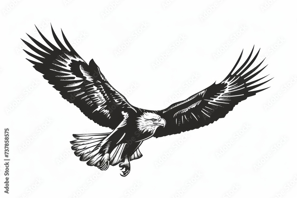 Naklejka premium Depict a majestic bald eagle soaring through the sky, its wings outstretched and powerful. Represent freedom, strength, and national pride.