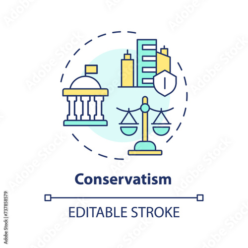 Conservatism ideology multi color concept icon. Political idea, economy regulation. Traditional values, free market. Round shape line illustration. Abstract idea. Graphic design. Easy to use