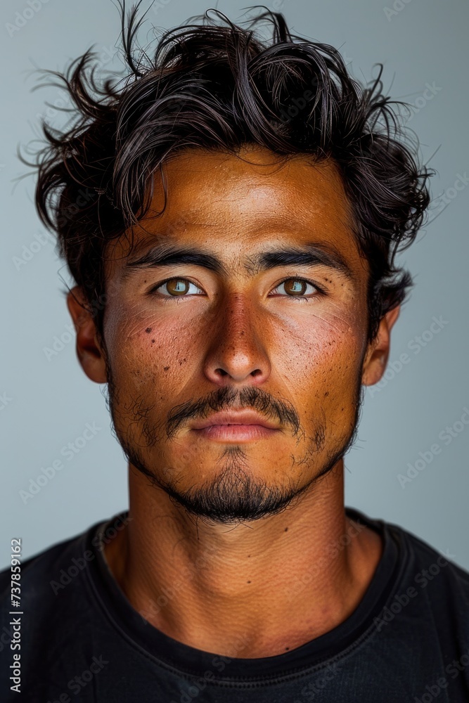 Young man with tanned skin and tousled hair. Close-up studio portrait with a neutral background Young man with tanned skin and tousled hair. Close-up studio portrait with a neutral background