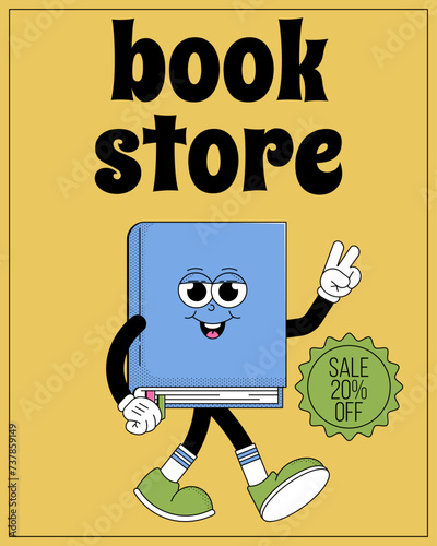 World book day flyer. Funky cartoon character book with psychedelic smile. Retro mascot style. Book reading festival, bookstore sale. Vector illustration