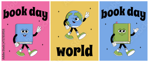 World book day poster set. Funky cartoon character with psychedelic smile. Retro mascot style. Book reading festival, bookcrossing. Vector illustration