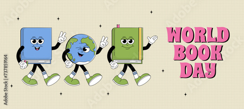 World book day banner. Funky cartoon character books and globe Earth with psychedelic smile. Retro mascot style. Book reading festival, bookstore. Vector illustration