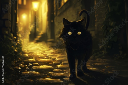 Black cat with glowing eyes, slinking through an alleyway lined with cobblestones and illuminated only by flickering gas lamps © Polina