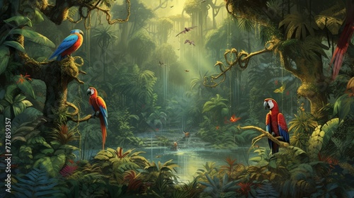 parrots perch on a tree branch in the lush jungle landscape , generated by AI © tino