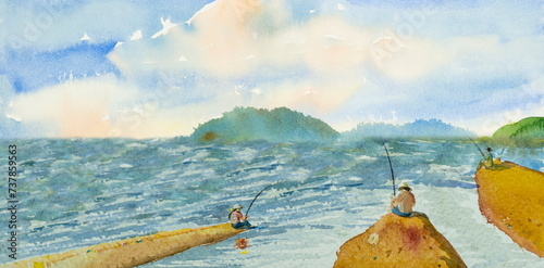 Watercolor landscape original painting on paper colorful of people fishing on the sea and wave, mountain in blue sky background.