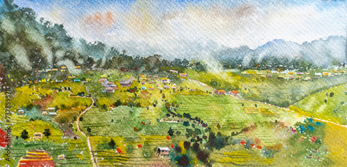 Travel rural village scenery farm landmarks in Thailand. Watercolor landscape original paintings