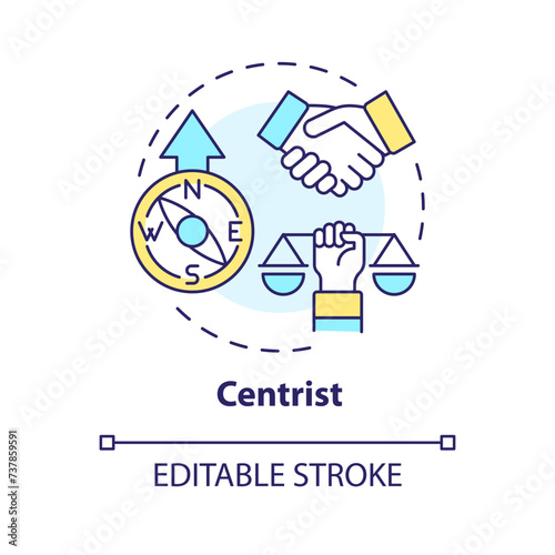 Centristic ideology multi color concept icon. Bipartisan, pragmatic dogma. Neutral political structure. Reform cooperation. Round shape line illustration. Abstract idea. Graphic design. Easy to use