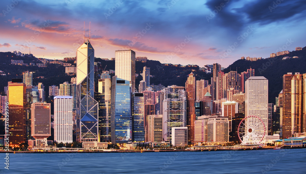 Fototapeta premium Hong Kong skyline from kowloon, panorama at sunrise, China - Asia