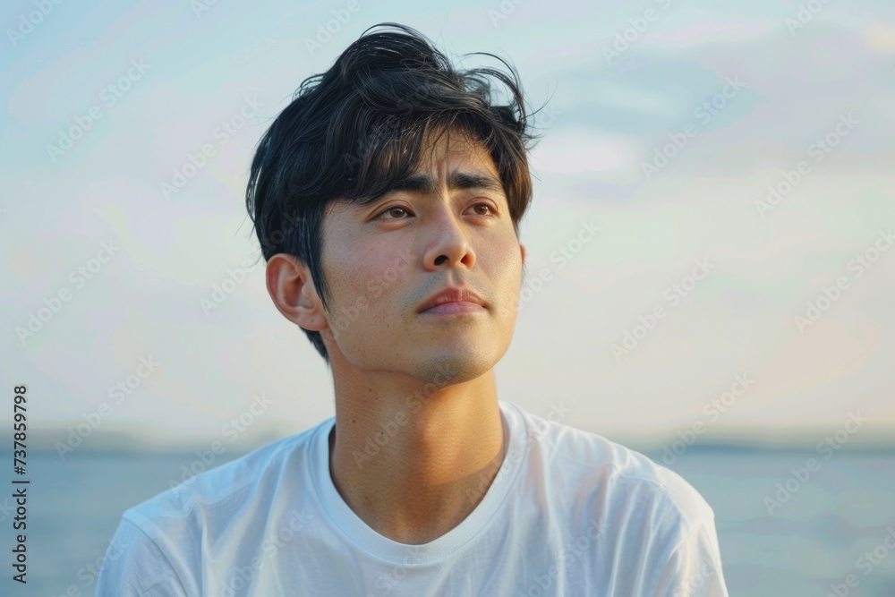 Young East Asian man looking thoughtfully into the distance. Young East Asian man looking thoughtfully into the distance.