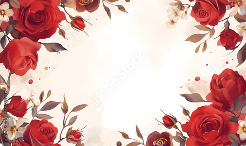 Fototapeta Naklejka Na Ścianę i Meble -  red flower rose frame watercolor background, Generative AI 