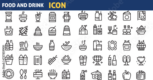 Set of 50 outline icons related to food and drink . Linear icon collection. Editable stroke. Vector illustration.