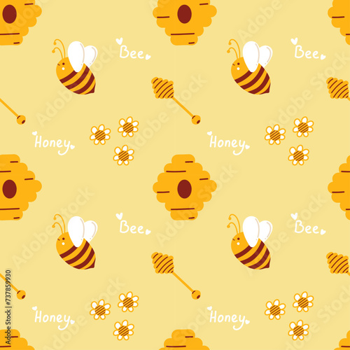 Honey pattern with bees for beekeepers and honey products. Cute summer yellow pattern with bees collecting honey. Minimalistic Flat lay design for food packaging and beekeeping design