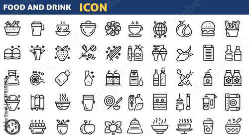 Set of 50 outline icons related to food and drink . Linear icon collection. Editable stroke. Vector illustration.