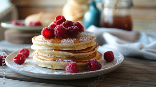 breakfast of tasty pancakes with fresh raspberries on table.