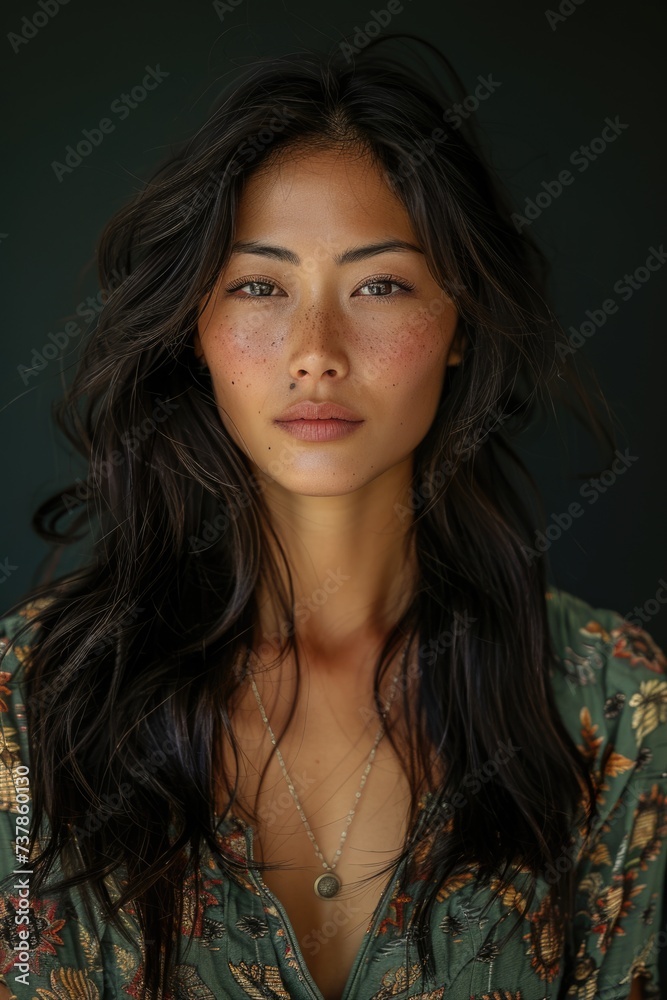 Portrait of a young woman with freckles wearing a floral dress. Portrait of a young woman with freckles wearing a floral dress.