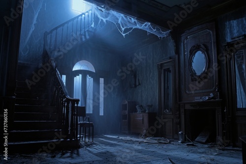 Cobwebs draped from ornate furniture whisper forgotten tales as the eerie silence is broken only by the creaking of floorboards on Halloween night photo