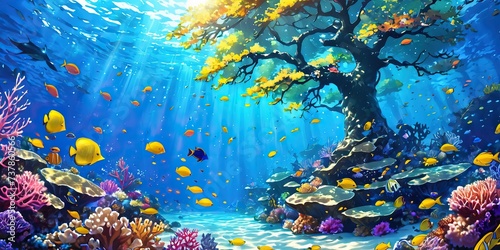 Colorful underwater tree with tropical coral reef, beauty of marine life