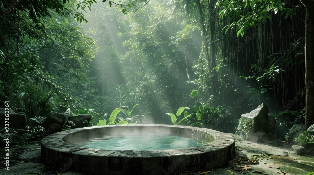 Outdoor built in hot tub, spa pool in the backyard in the jungle Outdoor built in hot tub, spa pool in the backyard in the jungle