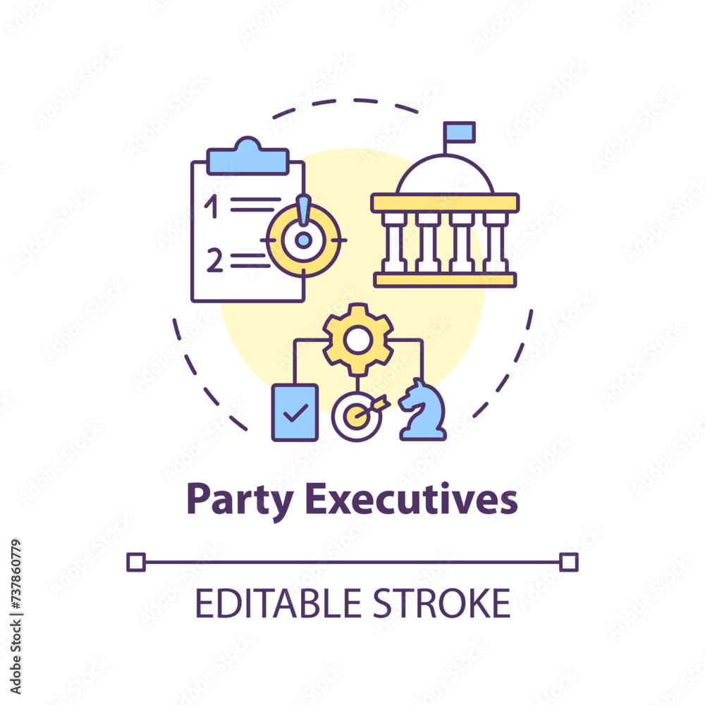 Political party executives multi color concept icon. Public sector politics. Constitution authority, federal government. Round shape line illustration. Abstract idea. Graphic design. Easy to use Political party executives multi color concept icon. Public sector politics. Constitution authority, federal government. Round shape line illustration. Abstract idea. Graphic design. Easy to use