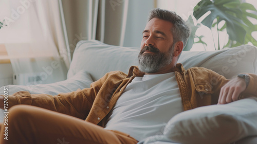 Happy bearded man in casual clothes relaxing on sofa at home, looking at copy space, side view. Relaxed middle-aged man having break on couch in living room, dreaming about prosperous life.