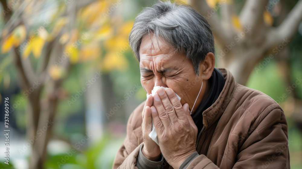 Older asian man is having flu and sneezing from sickness seasonal virus problem with isolated background. Fever and cold in senior people with influenza illness and health insurance concept. Older asian man is having flu and sneezing from sickness seasonal virus problem with isolated background. Fever and cold in senior people with influenza illness and health insurance concept.