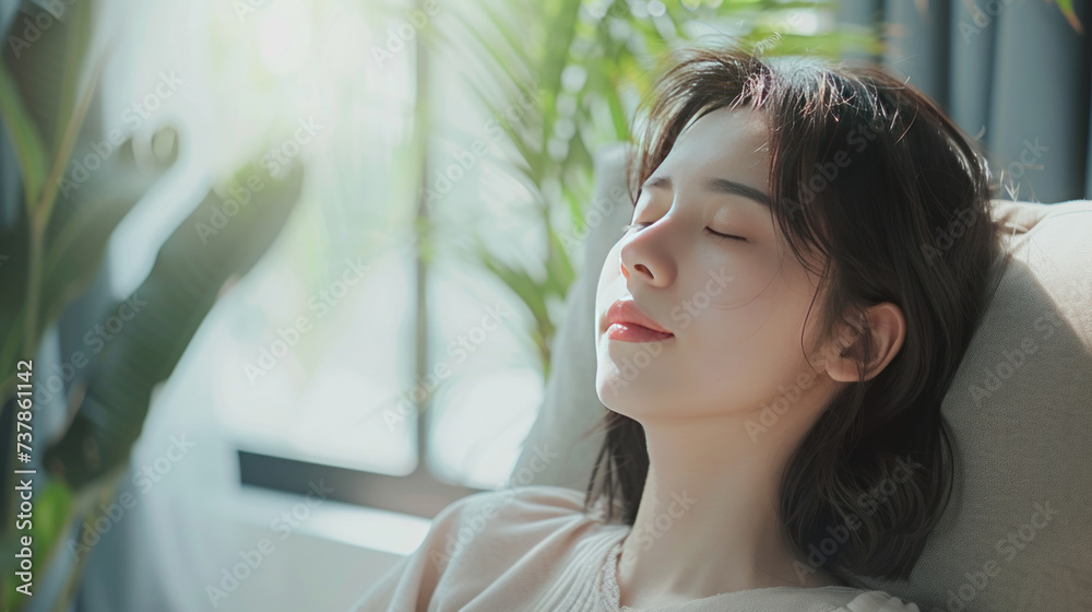 Relaxed young asian woman enjoying rest on comfortable sofa at home, calm attractive girl relaxing and breathing fresh air in home, copy space. Relaxed young asian woman enjoying rest on comfortable sofa at home, calm attractive girl relaxing and breathing fresh air in home, copy space.