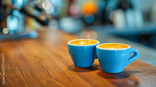 Artistic Cappuccino Pair on a Wooden Table, Espresso Love, A Cozy Cafe Scene with Heart Foam Art