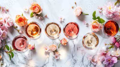 Various shades of rose wine. Flat-lay of rose wine in different colors in glasses and spring blossom flowers over marble background, top view. Wine shop, bar, tasting, seasonal wine list concept.