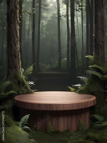 wooden product display podium with forest nature background photo