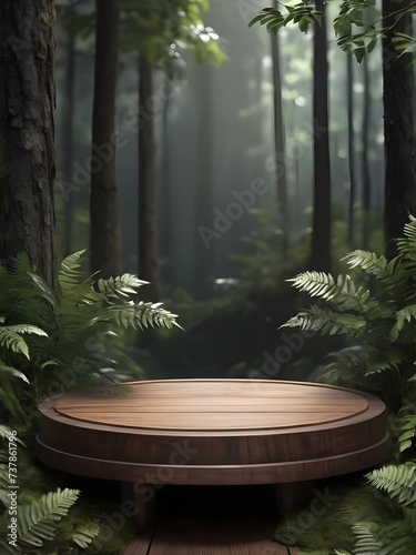 wooden product display podium with forest nature background photo