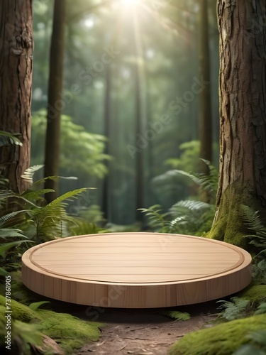 A wooden podium  display forest with a green blur background. photo