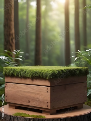 Wooden product display podium with blur nature jungle leaves green background photo