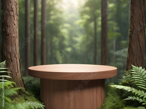 Wooden product display podium with blur nature jungle leaves green background photo