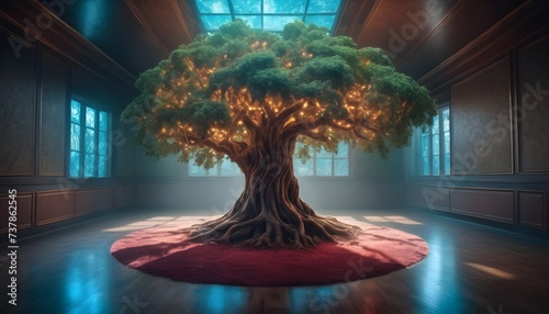 Holographic tree in an empty room, light from ceiling and ree sides windows photo
