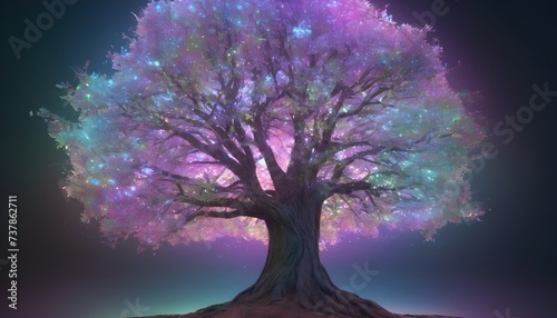 Holographic tree with raiboe pastel colors, dark gloomy background © Lied