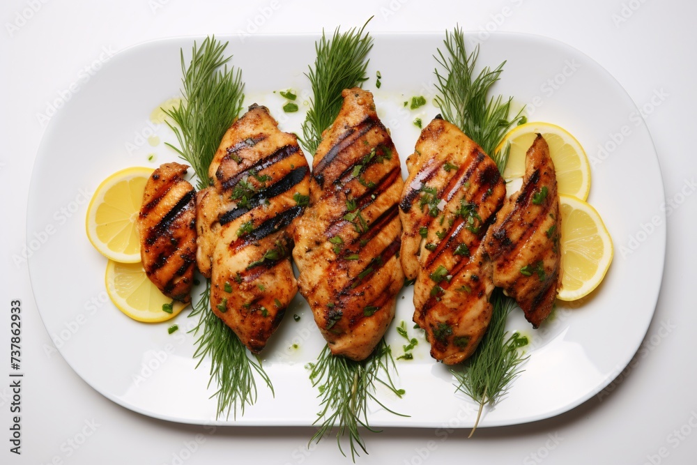 a plate of grilled chicken with lemons and herbs