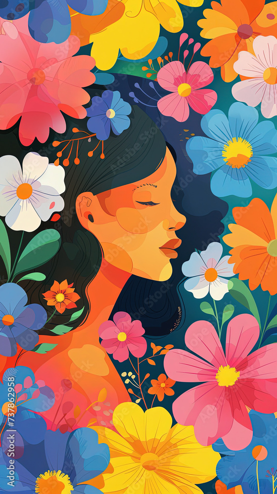 Happy women's day 2024. Illustration of women's faces with colorful flowers
