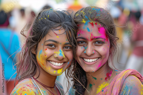Holi festival or festival of colours. Happy friends with faces smeared in Holi colors, laughing and enjoying the vibrant, festive atmosphere together.