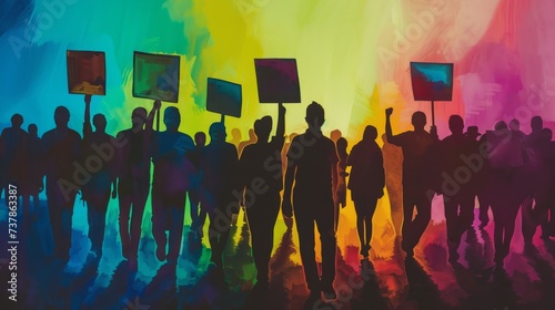 Silhouette of a Diverse Crowd Marching: A scene depicting a diverse group of silhouetted individuals marching together, holding signs advocating for equality and justice.