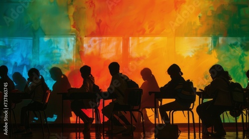 Equal Education Classroom: A silhouette of a classroom with diverse students sitting at desks, representing inclusive education and equal opportunities for learning regardless of background or ability