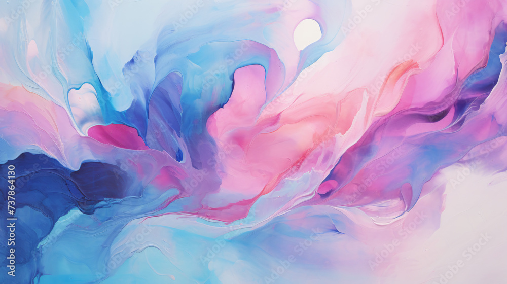 An abstract painting of blue, pink, and purple.