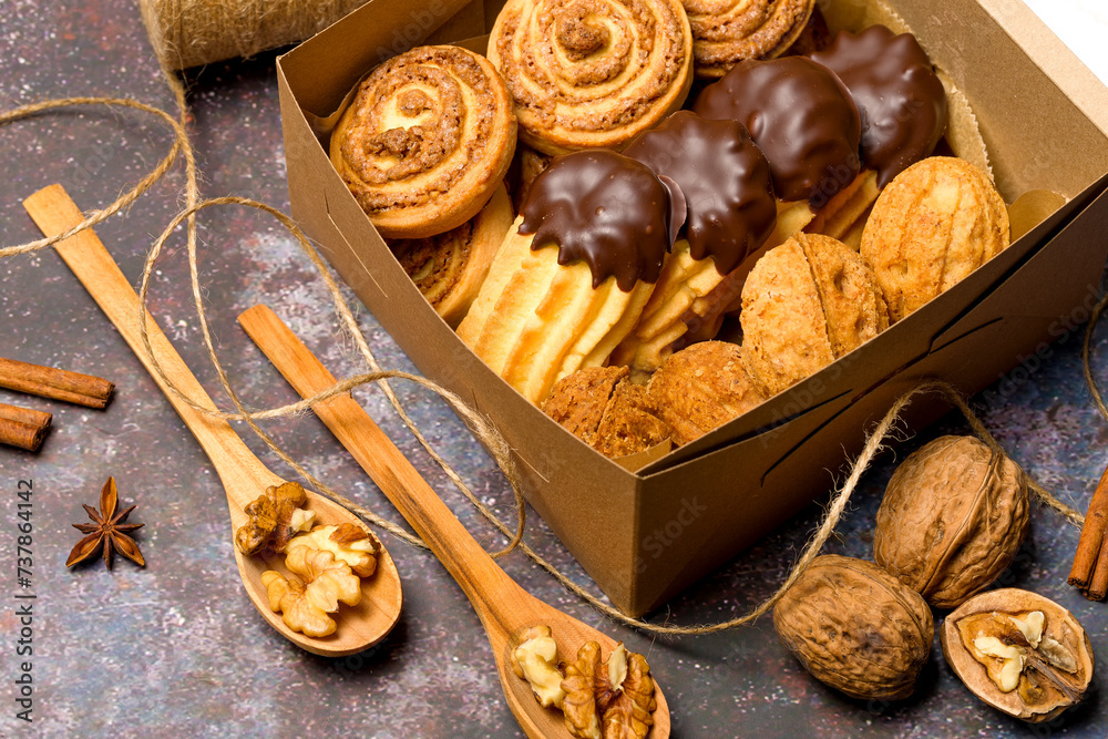 Assorted cookies in a box. Christmas atmosphere. Top view Assorted cookies in a box. Christmas atmosphere. Top view