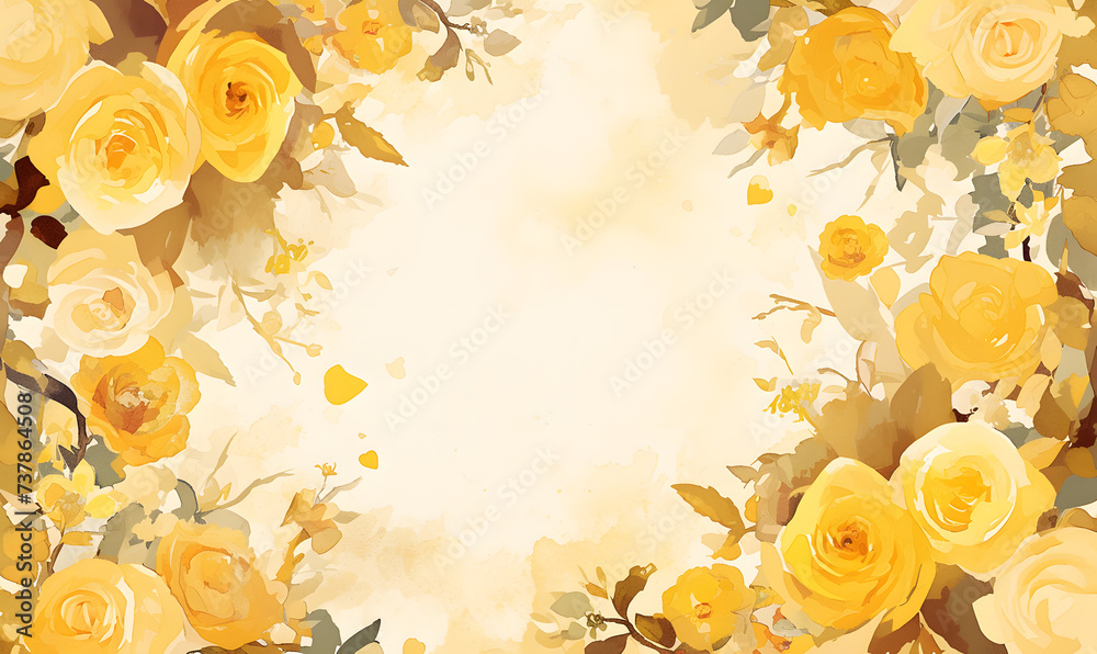Naklejka premium yellow flower rose frame watercolor background, Generative AI 