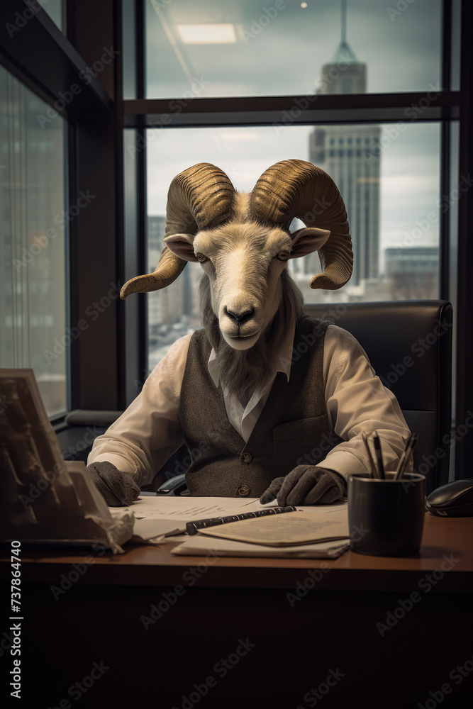 Goat with horns sitting at desk with laptop and cup. - obrazy, fototapety, plakaty 