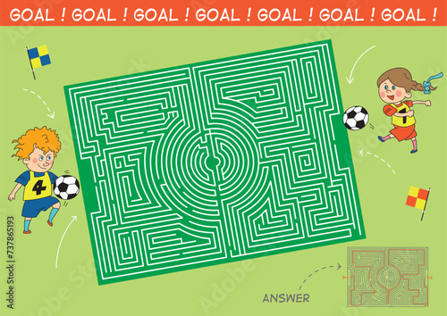 Who will score a goal first, a boy or a girl? Game labyrinth with a solution. Tangled lines. Funny cartoon character. Vector illustration.