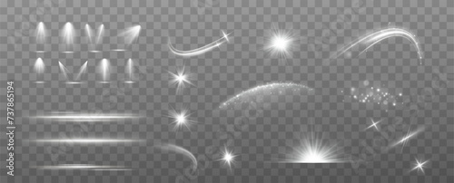 A set of light effects on a transparent background for advertising. Stars, breezes, lines, curls, dust, glitter explosion. Light effect for children's toys.	
