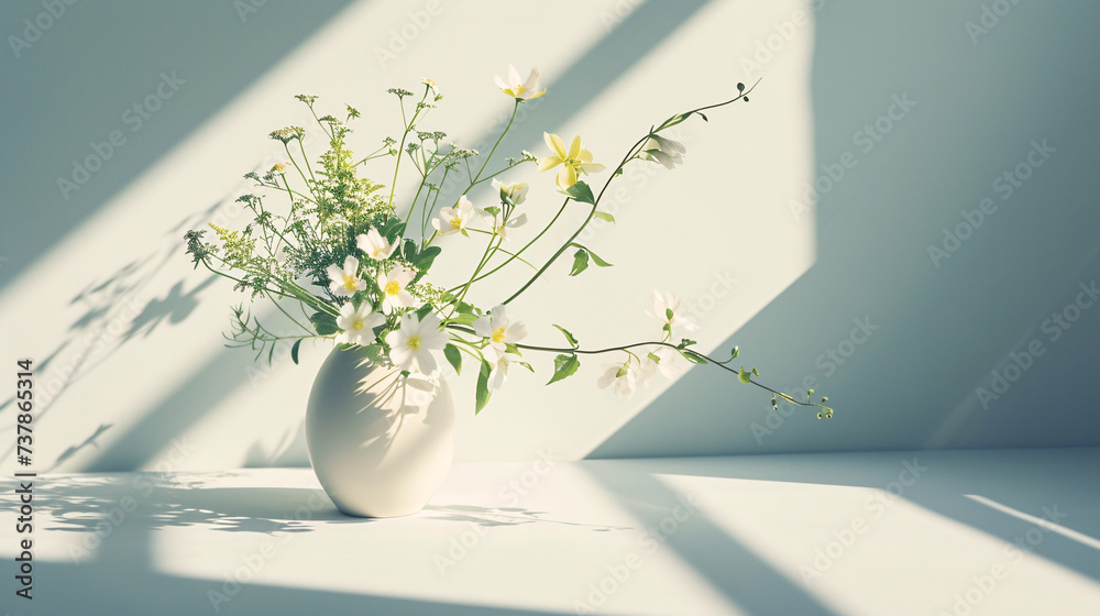 A sophisticated arrangement of fresh flowers in a minimalist vase casts soft shadows on the pristine white surface